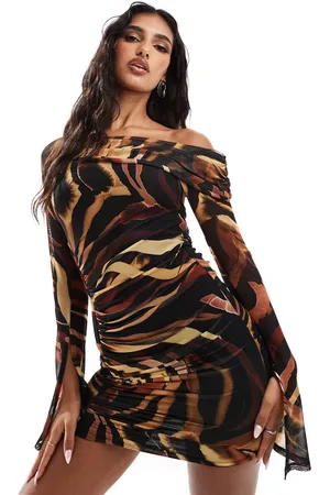 ASOS Mesh draped off shoulder mini dress with dip back sleeves and gauging detail in tiger print