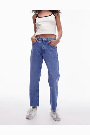 Topshop Cropped mid rise straight jeans with raw hems in bright mid
