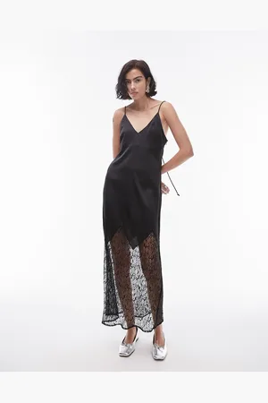 Topshop Lace insert midi slip dress in black