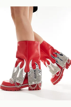 AZALEA WANG Florentine silver flame embellished chunky foldover boots in