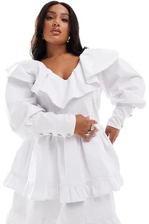 ASOS Curve denim ruffle plunge tiered mini dress with diamante buttons in