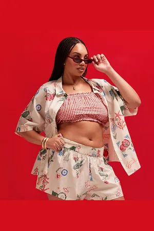 ASOS Curve linen look beach shorts in postcard print - part of a set