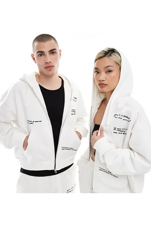 Weekday Unisex boxy fit zip up hoodie with graphic text print in off- - part of a set - Exclusive to ASOS