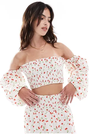 ASOS Shirred off shoulder top in cherry print - part of a set