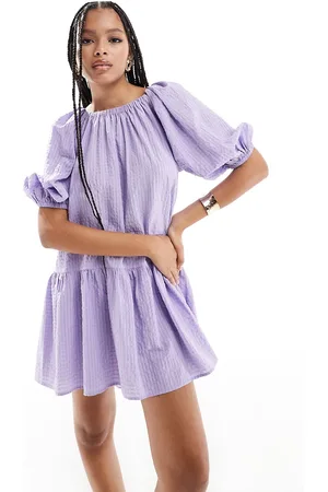 ASOS Puff sleeve smock mini dress in lilac gingham