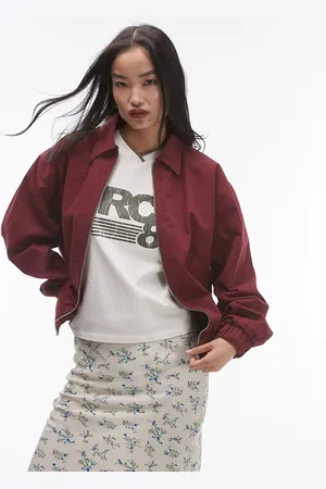 Topshop Oversized cotton collar bomber jacket in burgundy