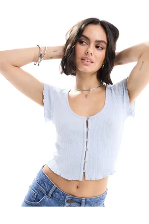 Miss Selfridge Short sleeve textured button up top in pale blue