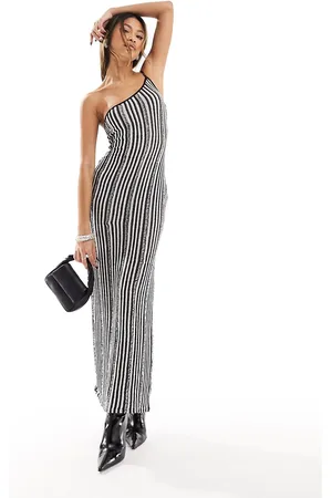 Kaiia Knit one shoulder maxi dress in black and white stripe