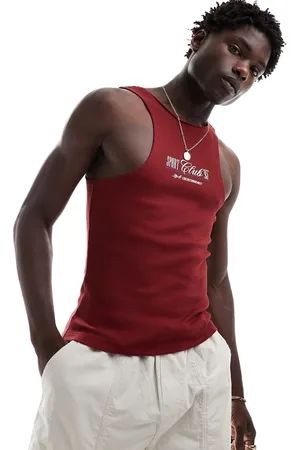 ASOS Muscle fit tank top in dark with text chest print