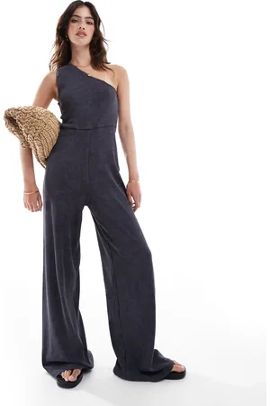 ASOS One shoulder ribbed jumpsuit in washed charcoal