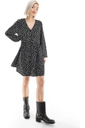Monki Button up mini dress in black and white floral print