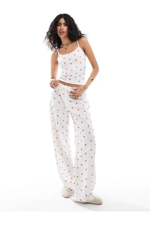 ASOS Strawberry print wide leg pants in white