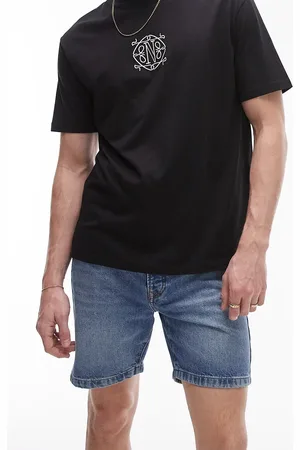 Topman Straight leg denim shorts in mid wash