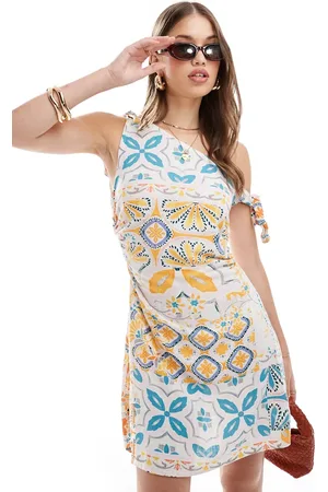 ASOS Off the shoulder mini linen sundress with knot detail in tile print