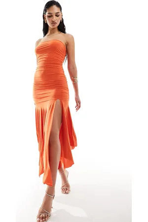 Kaiia Slinky bandeau ruched dropped waist handkerchief hem maxi dress in