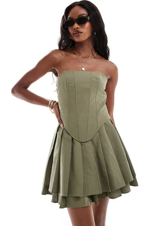 Extro & Vert Bandeau pleated mini dress in khaki