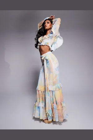 ASOS Ruffle organza maxi skirt with shell trims in postcard print - part of a set