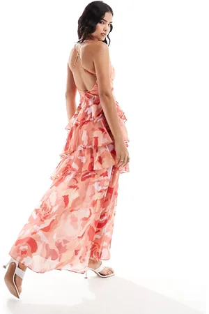 Pretty Lavish Open back ruffle maxi dress in red and pink