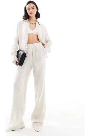 MANGO Linen look textured pants in light beige - part of a set