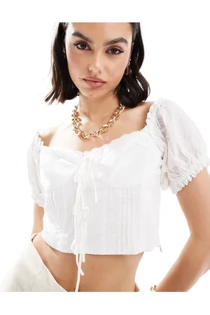 MANGO Puff sleeve bow front top in