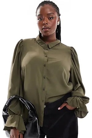 ASOS ASOS DESIGN Curve volume sleeve soft shirt with ruffle cuffs in olive