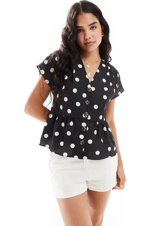 ASOS Linen look peplum button front top in mono spot