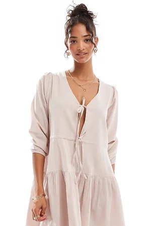 Esmée Linen mix long sleeve tiered mini tie front beach dress in oat