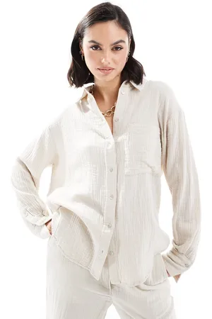 MANGO Linen look textured shirt in light beige - part of a set