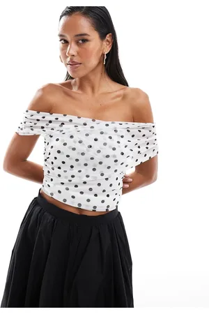 Miss Selfridge Ruched off shoulder top in polka dot