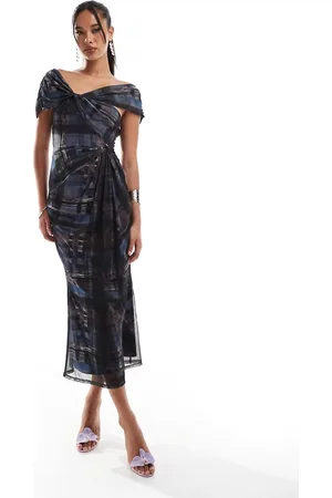 ASOS Off shoulder twist bust detail midi dress in abstract check print
