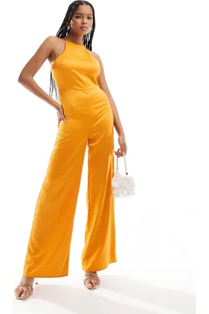 ASOS Satin racer neck wide leg jumpsuit in bright
