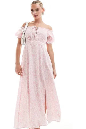 Miss Selfridge Puff sleeve off the shoulder maxi dress in pink floral