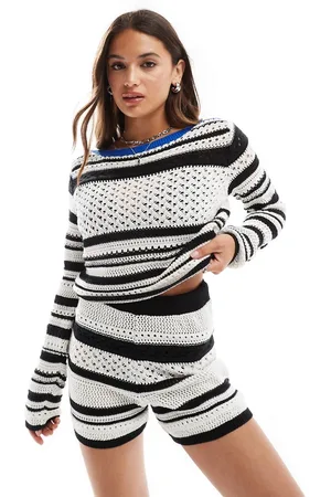 ASOS Open stitch sweater with contrast blue trim detail in mono
