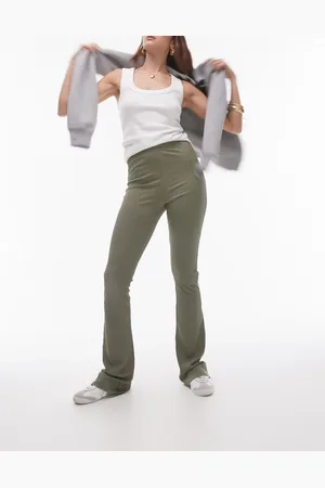 Topshop Skinny rib flared pants in khaki