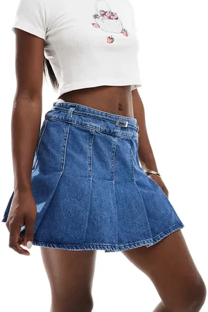 ASOS Denim pleated mini skirt with belt in midwash