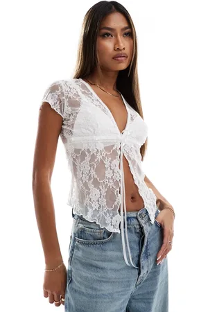 ASOS Lace tie front short sleeve top in ivory