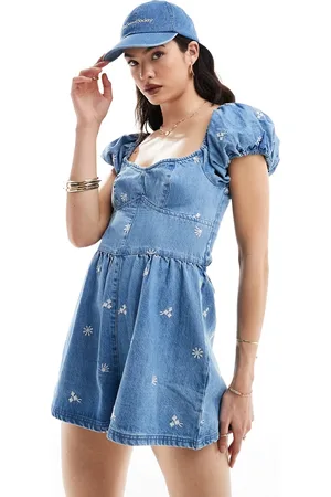 ASOS Denim puff sleeve romper in floral embroidery