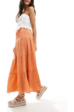 Miss Selfridge Button detail tiered maxi skirt in orange floral