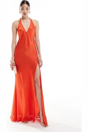 ASOS Satin plunge front strappy back maxi dress with thigh split in red