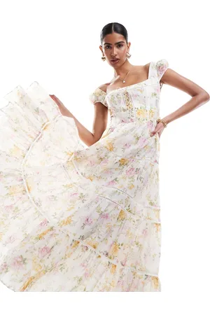 EVER NEW Puff sleeve tiered maxi dress in cream floral
