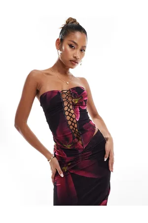 Murci Exclusive mesh lace-up bandeau top in purple lily print - part of a set