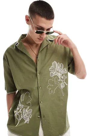 Reclaimed Limited edition embroidered revere relaxed shirt in sage