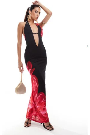 Murci Halterneck plunge neck maxi dress in black and red flower print