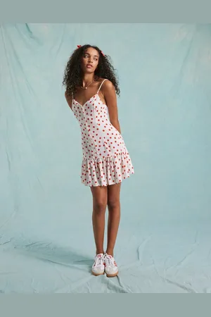 Miss Selfridge Strappy button up mini sundress in cream polka dot
