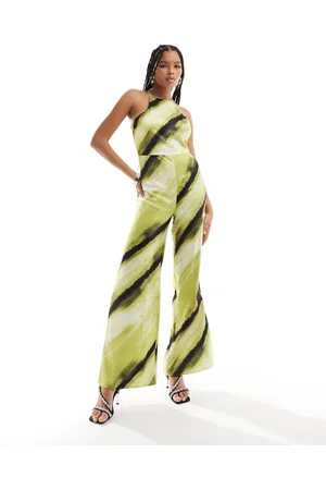 ASOS Satin racer wide leg jumpsuit in green abstract print