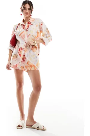 Miss Selfridge Linen blend pull on shorts in postcard print - part of a set