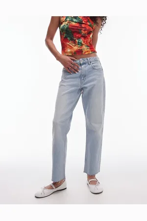 Topshop Cropped mid rise straight jeans with raw hems in summer bleach