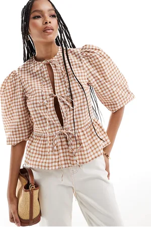 ASOS Cotton poplin peplum tie shirt top in brown check