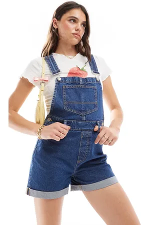 Miss Selfridge Overall denim shorts in mid wash