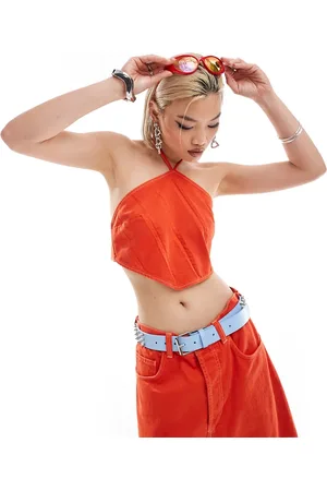 COLLUSION Denim halter top with contrast stitch in - part of a set